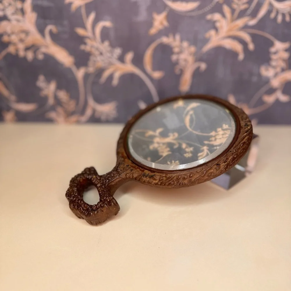 Antique Victorian Wood Mirror Beveled Glass Hand Mirror